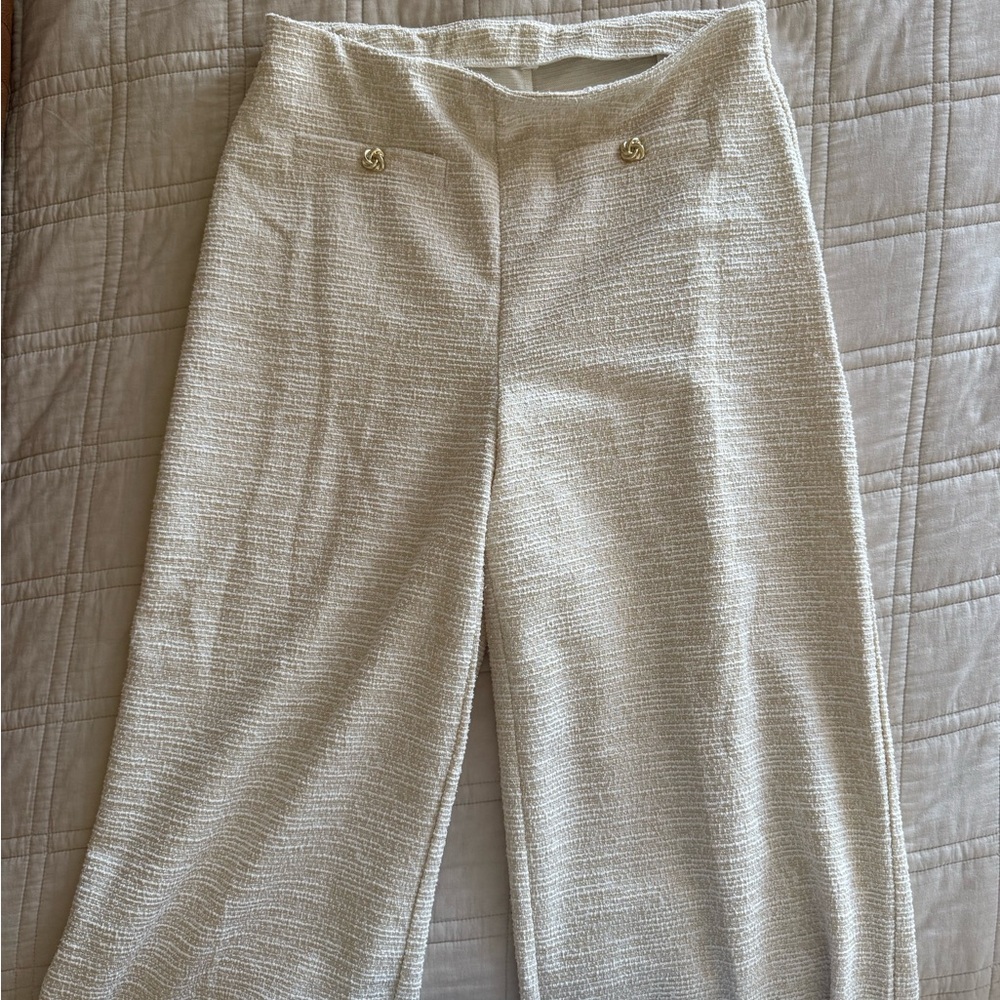 Zara Cream Textured Wide-Leg Trousers with Gold Buttons
